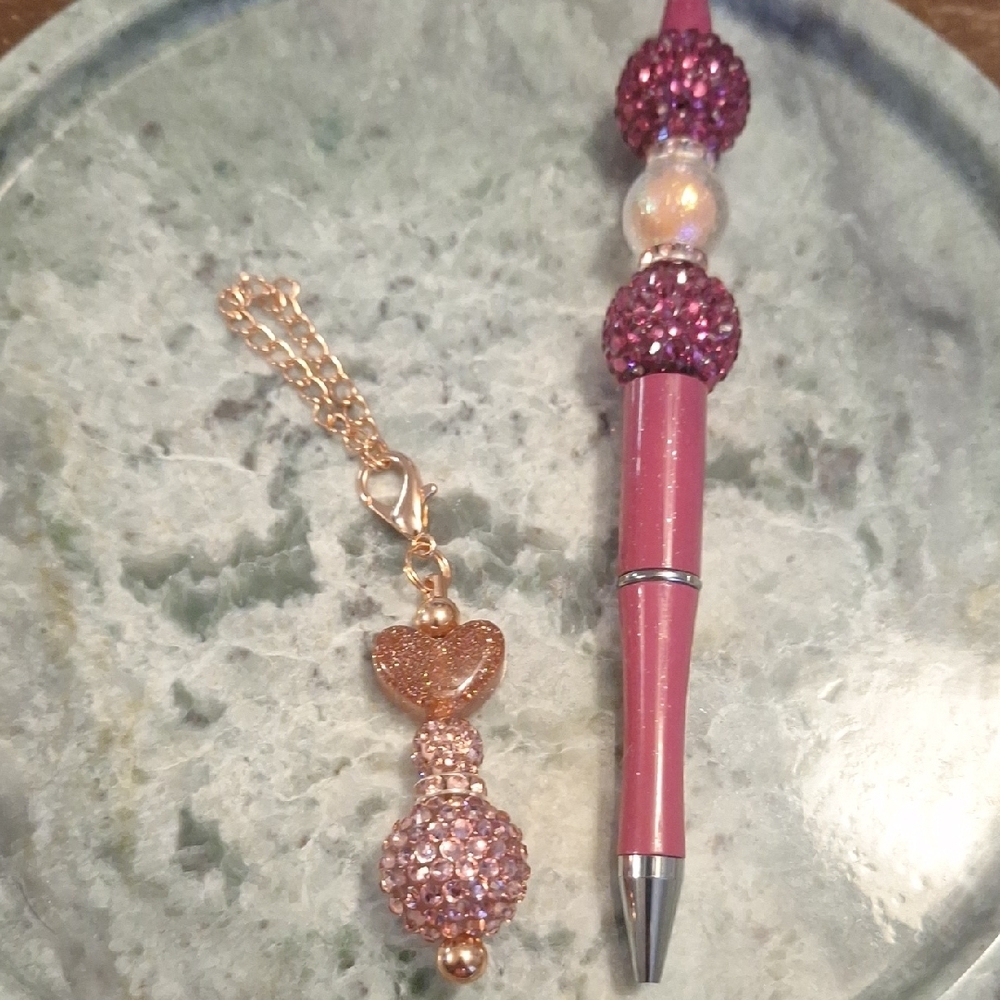 Sparkling Pink Beaded Pen and Charm Set